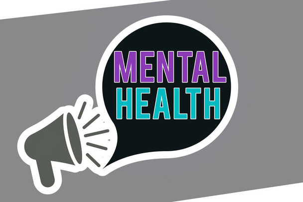 Text sign showing Mental Health. Conceptual photo an individuals condition regard to their psychological well being Megaphone with Loudness icon and Blank Speech Bubble in Sticker Style. - Photo, Image