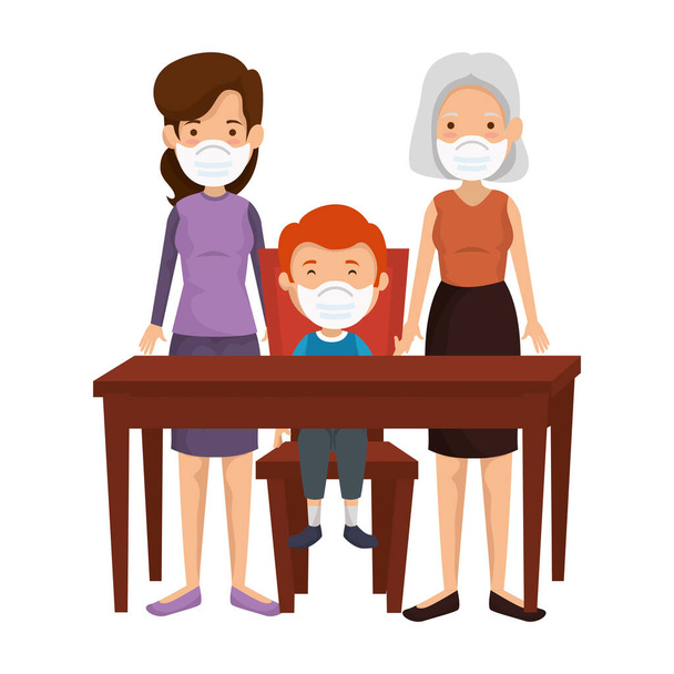 madre con nonna e figlio con maschera facciale in tavolo di legno
 - Vettoriali, immagini