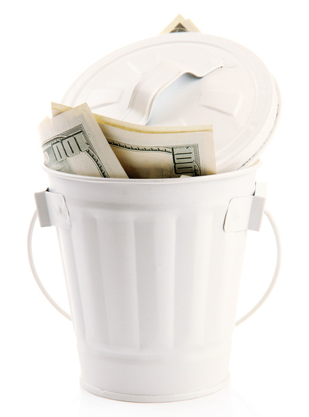 Money in trash can, isolated on white - Φωτογραφία, εικόνα