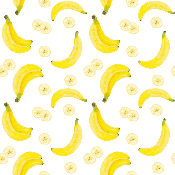 Акварель безшовний візерунок банан. Банановий шматочок. Літня свіжа ілюстрація ізольована на білому тлі. Рука намальована. Здорова модна їжа для веганів. Дизайн для кухні, текстильних тканин, меню
. - Фото, зображення