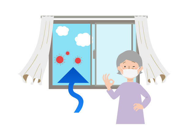 Wentylacja poprzez otwarcie okna i zasłony kołysać ilustracje wektorowe - Działania niezbędne do zapobiegania koronawirusom - Wektor, obraz