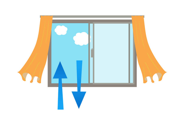 Bir pencere açarak ve sallanan vektör illüstrasyonlarını perdeleyerek havalandırma - Koronavirüsleri önlemek için gereken eylemler - Vektör, Görsel