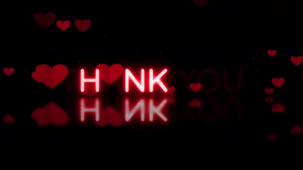 Köszönöm szöveges üzenet felfedi gyönyörű piros szív háttér. Köszönöm az élénk vörös neonfényt, tükröződéssel a padlón. Köszönjük banner villog neon jel stílus reklámozza a videót. - Felvétel, videó