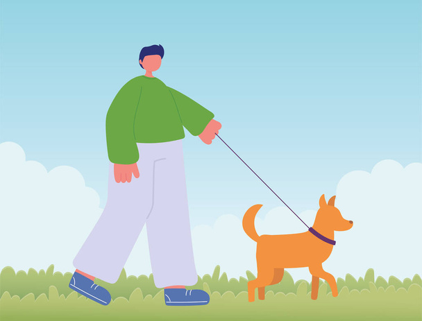молодий чоловік з собакою ходить
 - Вектор, зображення