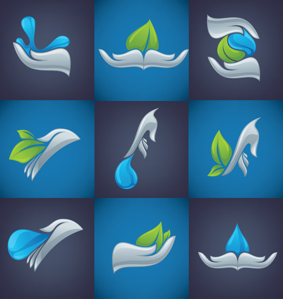 Mãos humanas e plantas verdes e gotas de água
 - Vetor, Imagem