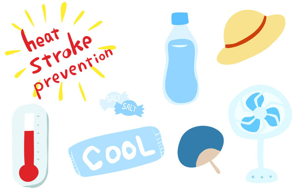 Una serie di merci per le misure di colpo di calore: acqua, caramelle e un dispositivo di raffreddamento, un cappello di paglia e un ventilatore
 - Vettoriali, immagini