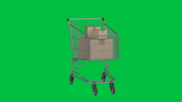 3D vykreslování nákupní košík s kartónovými krabicemi na zeleném pozadí obrazovky - Záběry, video