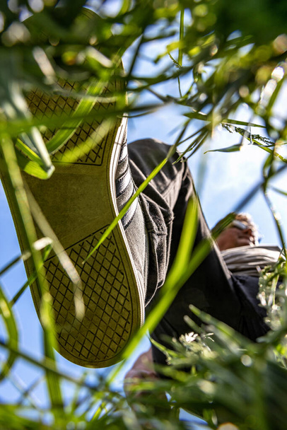 O pé de um homem de sapatos pisos na grama na floresta, a vista inferior através dos talos de grama, profundidade rasa de campo, foco seletivo. O conceito de humanidade e meio ambiente
. - Foto, Imagem