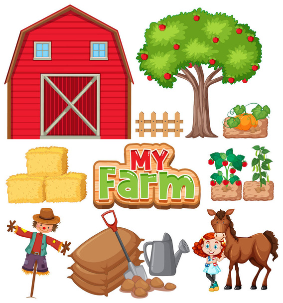 Set de granja con granero y verduras sobre fondo blanco ilustración
 - Vector, Imagen