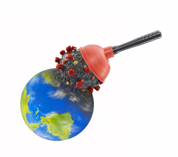 Using toilet plunger to remove the Coronavirus from planet earth - Foto, Imagen