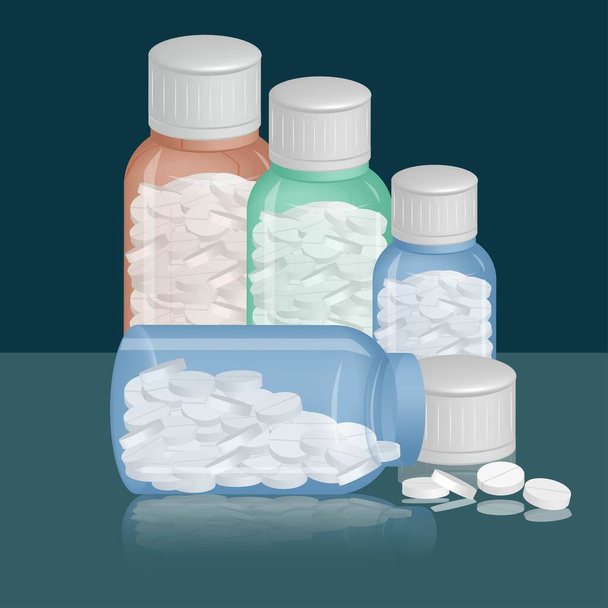 ILLUSTRATION IS SHOWING CONCEPT OF MEDICAL BACKGROUND WITH MEDICINES BOTTLES AND PILLS ON REFLECTIVE FLOOR WITH SOLID COLOR BACKDROP - Vector, Image