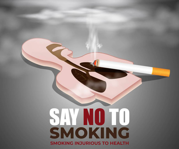 Векторна ілюстрація для світу No Tobacco Day показує модель дихальної системи людини, в якій легені стали чорними через споживання сигарет. Вона показує негативний вплив куріння на людські легені. НЕ ВІДПОВІДАЙТЕ ПРО ТОБАКО й КІГАРРЕТИ. - Вектор, зображення