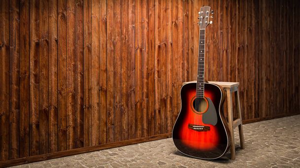 3D иллюстрация акустической гитары на фоне деревянного забора
. - Фото, изображение