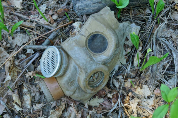 garbage from one green rubber old gas mask lies on dry grass in nature - Photo, Image