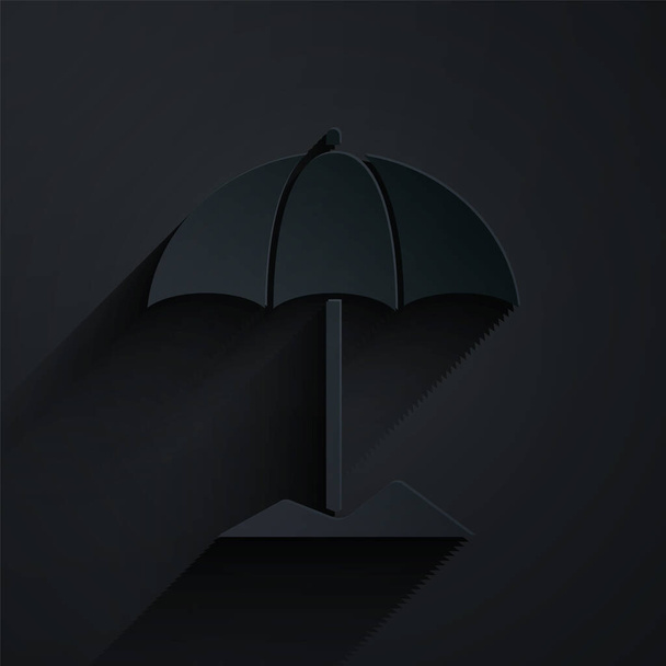 Cięcie papieru Parasol ochronny na ikonę plaży odizolowany na czarnym tle. Duży parasol do przestrzeni zewnętrznej. Parasol plażowy. Papier w stylu sztuki. Ilustracja wektora - Wektor, obraz