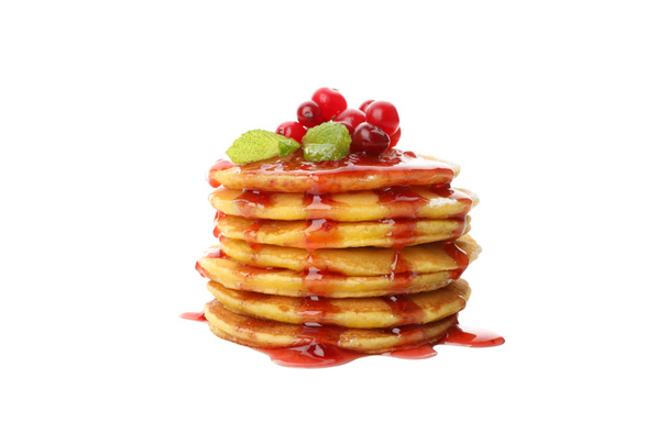 Pancakes with jam and cranberry isolated on white background - Photo, Image