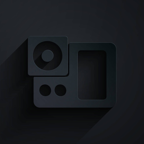 Paper cut Photo camera icon isolated on black background. Foto camera icon. Paper art style. Vector Illustration - ベクター画像
