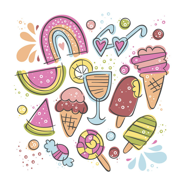 Ice cream, watermelon, cocktail, rainbow. Sweets, cold drinks, sunglasses. Cartoon doodles. Isolated vector objects. Set. - Вектор, зображення