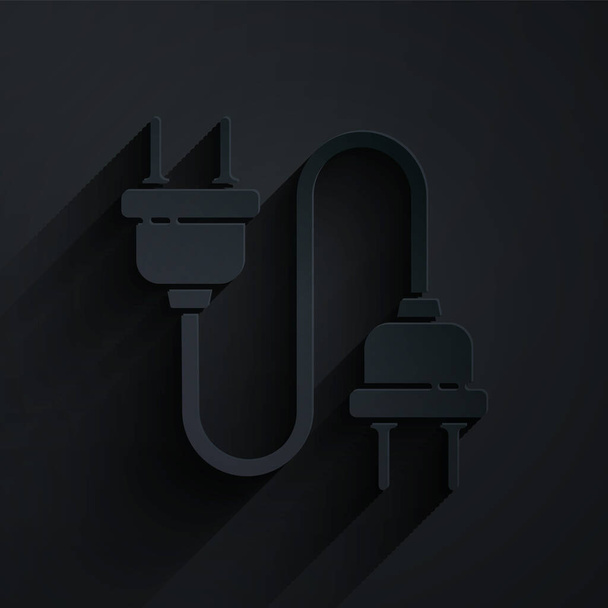 Paper cut Electric plug icon isolated on black background. Concept of connection and disconnection of the electricity. Paper art style. Vector Illustration - Vector, Image