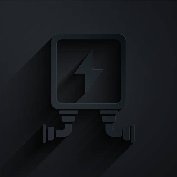 Papírvágás Elektromos transzformátor ikon elszigetelt fekete háttérrel. Papírművészeti stílus. Vektorillusztráció - Vektor, kép