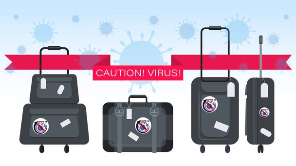 Baggage. Caution virus. Suitcases. Vector illustration, poster with red ribbon  - Vector, Image