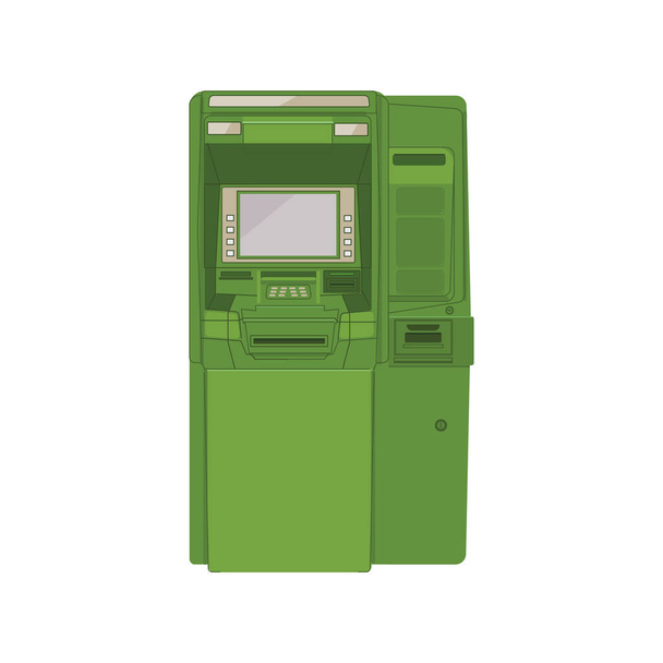 Bankomat na białym tle. Maszyna do wypłaty gotówki. Ilustracja zielonego ATM - Wektor, obraz