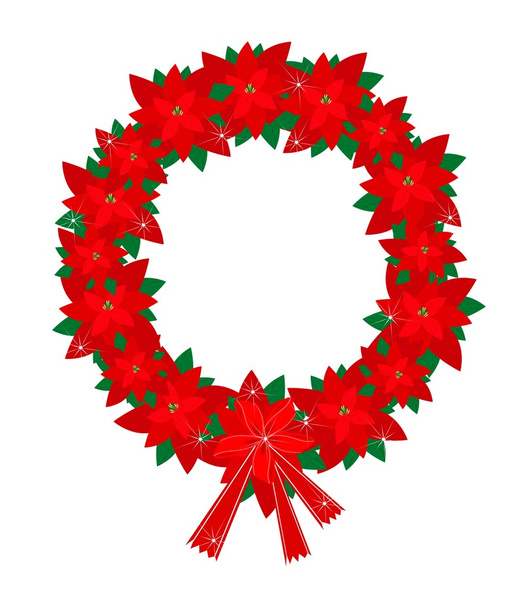 Christmas Wreath of Red Poinsettia Flowers and Bow - Vector, Image