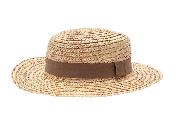 スタジオで撮影されたブースター麦藁帽子。ファッション服のアクセサリーやビーチの休日の概念 - 写真・画像