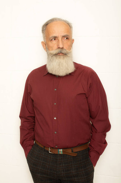 Handsome elderly bearded man on grey background. - Zdjęcie, obraz