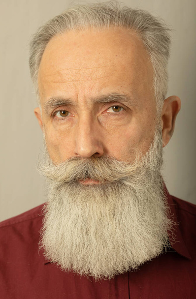 Handsome elderly bearded man on grey background. - Photo, image