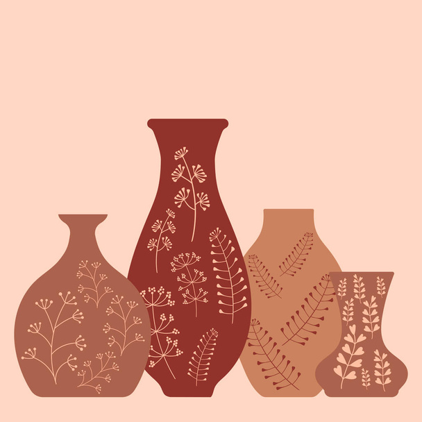 Handgemaakt aardewerk, keramische vazen met de hand geschilderd. Aardewerk hobby. Platte vectorillustratie - Vector, afbeelding