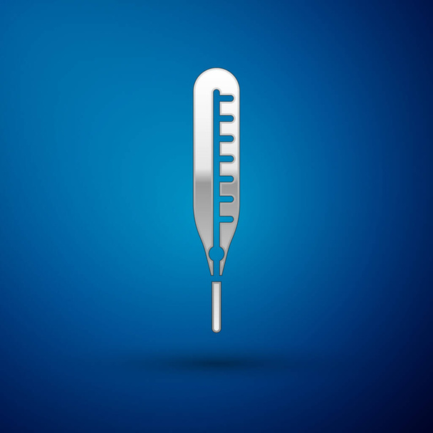 Tıbbi inceleme ikonu için gümüş termometre mavi arka planda izole edildi. Vektör İllüstrasyonu - Vektör, Görsel