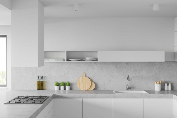 Interior of modern kitchen with white and stone walls, comfortable white countertops with built in cooker and sink and shelf for dishes. 3d rendering - Foto, imagen