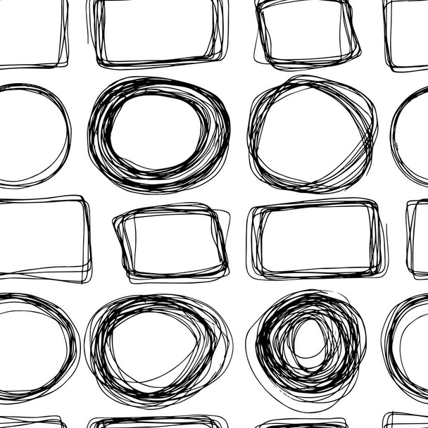 Handgetekend naadloos patroon met geometrische vormen op witte achtergrond. Cartoon Style Doodle Cirkels Textuur - Vector, afbeelding