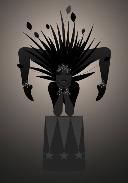 Backlist silhouette of contortionist dressed in a feather headdress, balancing on a stand - Vector, Image