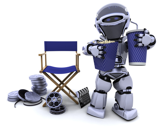 Robot z popcornem i napojami orzeźwiającymi z dyrektorów krzesło - Zdjęcie, obraz
