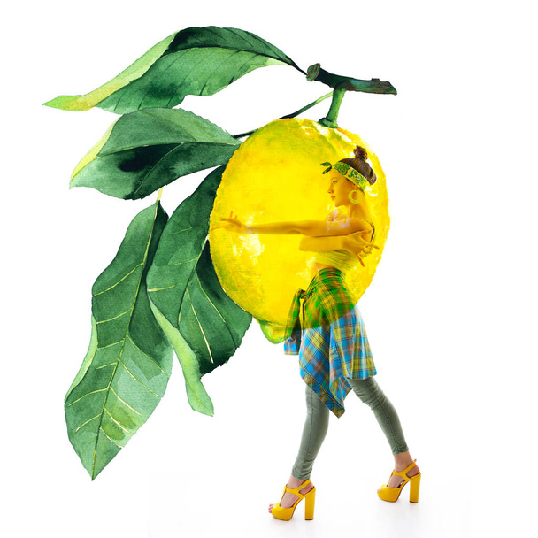 Full-length portraiDouble exposure of watercolor lemons with full-length portrait of beautiful dancing girl in green pants, lime top and yellow shoes. Teen girl hip-hop dancer with hand drawn vibrant jucy lemons - Photo, Image