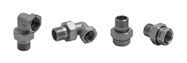 Set of metal elbow-shaped and straight unions in different angles of male threaded and female threaded isolated on white background. Pipe fittings. - Photo, Image