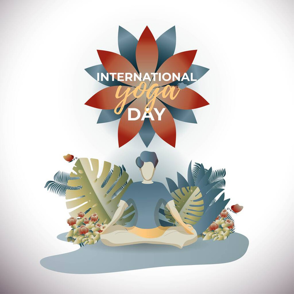 Векторная подготовка к международному дню йоги. иллюстрация показывает человека, сидящего в саду и занимающегося йогой
. - Вектор,изображение