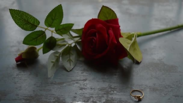 Zblízka zlatý zásnubní prsten šperky na rustikální kovové podlaze. Měkké zaměření romantické červené růže květiny v pozadí. Love Proposal or Propose concept for valentines day wedding and holidays. Kopírovat mezeru. - Záběry, video