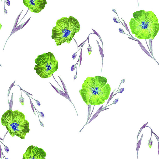Decorative seamless pattern with watercolor field flowers. Flax flowers. Botanical wallpaper. Floral design.  - Zdjęcie, obraz