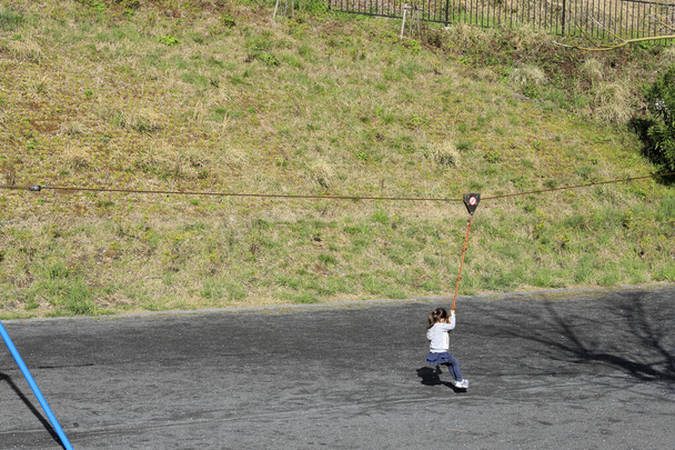 Japanese girl (5 years old) playing with flying fox - Photo, Image