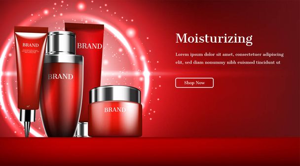 Kosmetik-Banner, Hautpflege-Set mit leuchtenden Kreislichtern auf rotem Hintergrund - Vektor, Bild