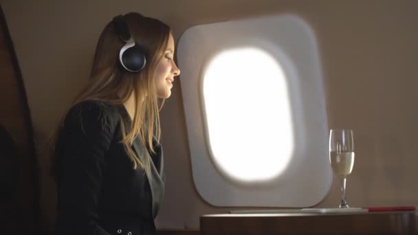 Attractive woman in private jet - Filmati, video