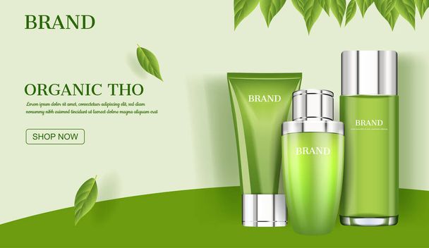 Ihonhoito mainos, kosmeettinen valmiste vihreät lehdet malli
 - Vektori, kuva
