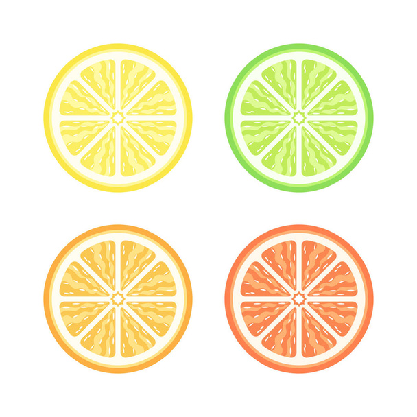 Puoliviipale valikoituja sitrushedelmiä, joiden massa on yksityiskohtainen tasainen vektori-kuvakesarja. Merkki tai symboli sitruuna lime appelsiini ja greippi. - Vektori, kuva