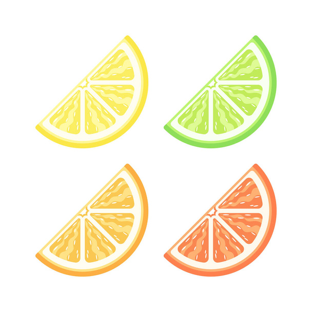 Citrus fruit quarter slice flat detailed with pulp vector icon design colored set. Lemon lime orange grapefruit sign symbol illustration. - Vector, Image