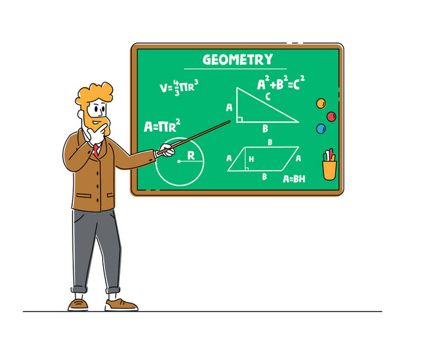 Férfi tanár karakter mutatóval Magyarázza el a geometriát Lecke Állj a táblánál képletekkel és feladatokkal Írta krétával. Iskola vagy főiskolai oktatás, osztály, tudás. Lineáris vektor illusztráció - Vektor, kép