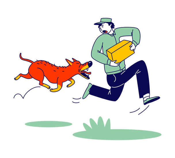 Delivery Man Character with Parcel in Hands Run Away of Aggressive Dog Chasing him on Street. Danger of Mailman Work. Angry Animal Protect Territory of Stranger, Pet Attack. Linear Vector Illustration - Vector, Image