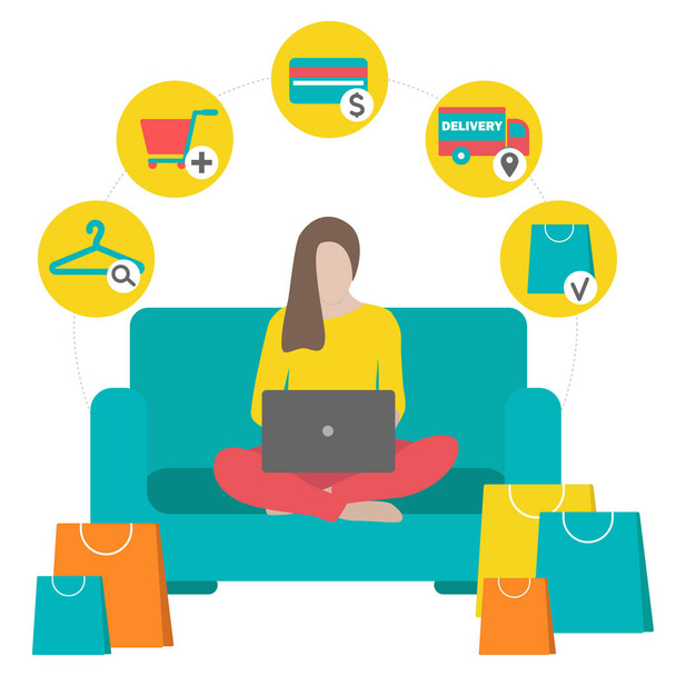  Vrouw met laptop zittend op een bank omringd door papieren tassen. Thuis blijven en dingen online kopen. Online winkelen concept. De manier van online winkelen. Platte illustratie in platte stijl. - Vector, afbeelding